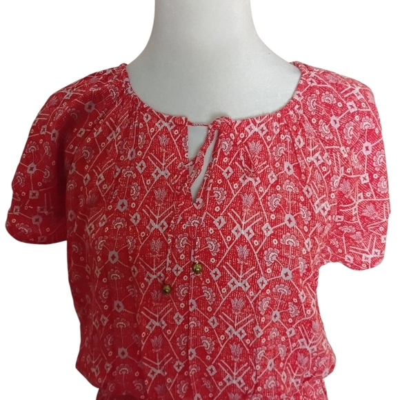 Destination 365 Women's XS Red White Print Short Sleeve Tie Neck Maxi  Dress - Picture 3 of 8